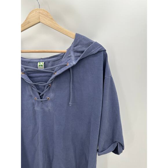 Green Tea Top Women XL Blue Short Half Sleeve Hooded Lace-Up Pullover Hoodie - Picture 3 of 8
